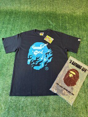 BAPE Black Blue Flame Ape Head Graphic Tee